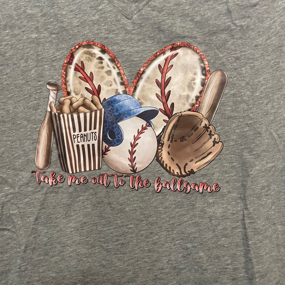 Gray V-Neck Baseball Graphic T-Shirt Women's Medium Take Me‎ Out to the Ballgame